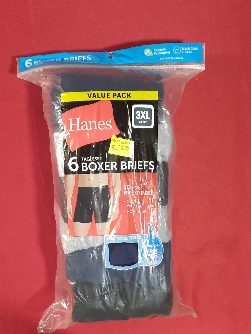 Hanes 6-Pack Tagless Boxer Briefs - Black & Navy & Gray 3XL